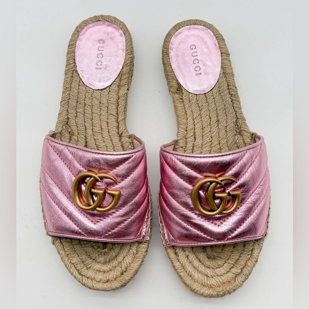 Gucci Pilar GG Marmont Metallic Rosa Leather Espadrille Slide Sandals EU 37 US 7 - Picture 3 of 12